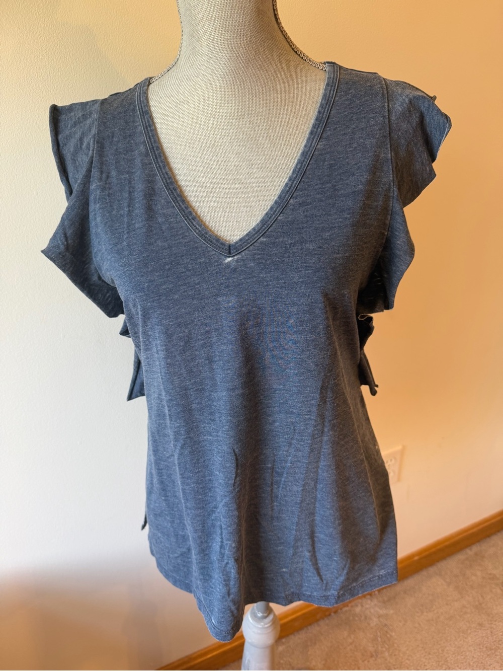 Time and Tru Navy V-Neck Ruffle Sleeve Tank